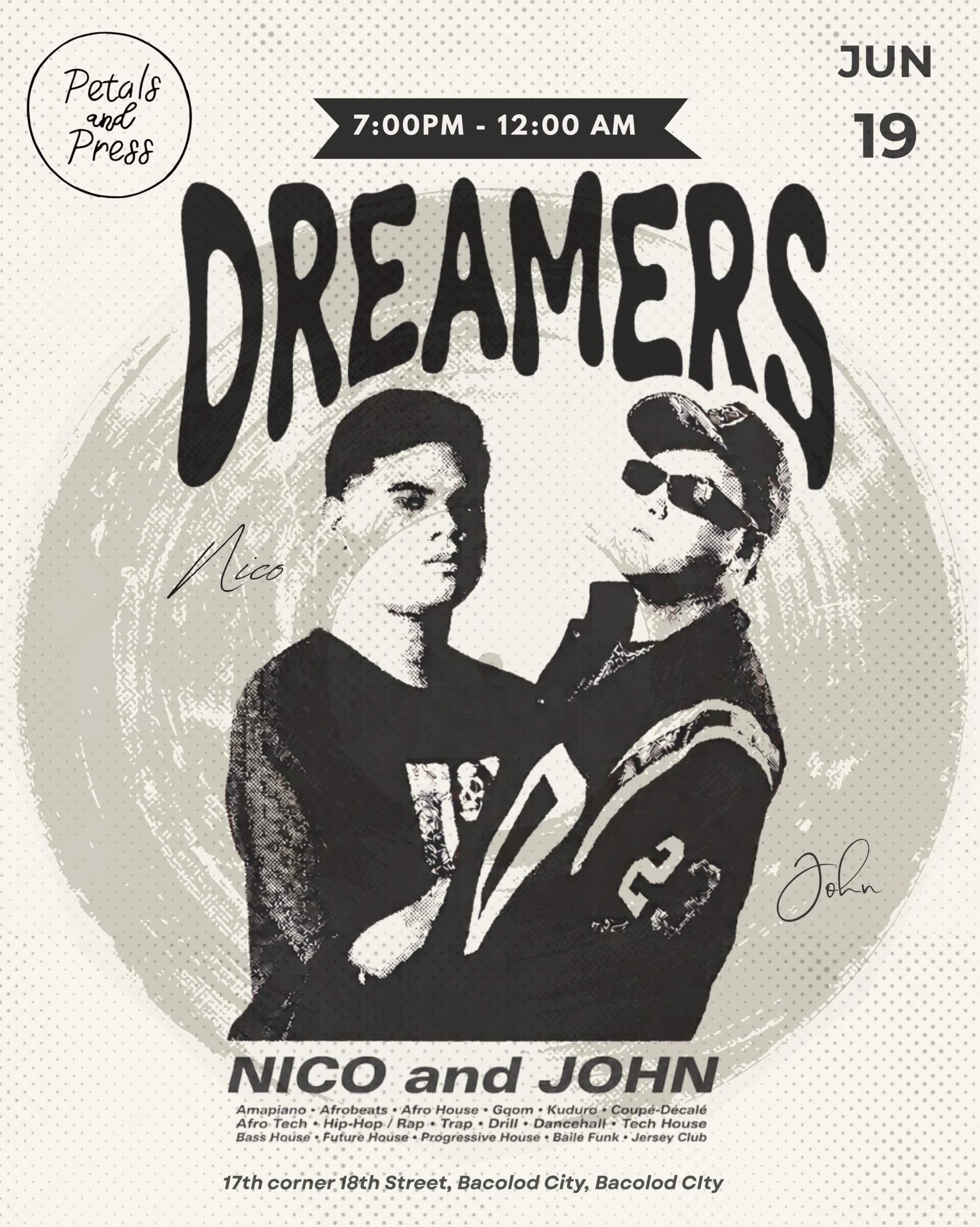 Dreamers event at Petals and Press in Bacolod featuring DJs Nico and John performing electronic and Afro-inspired music.