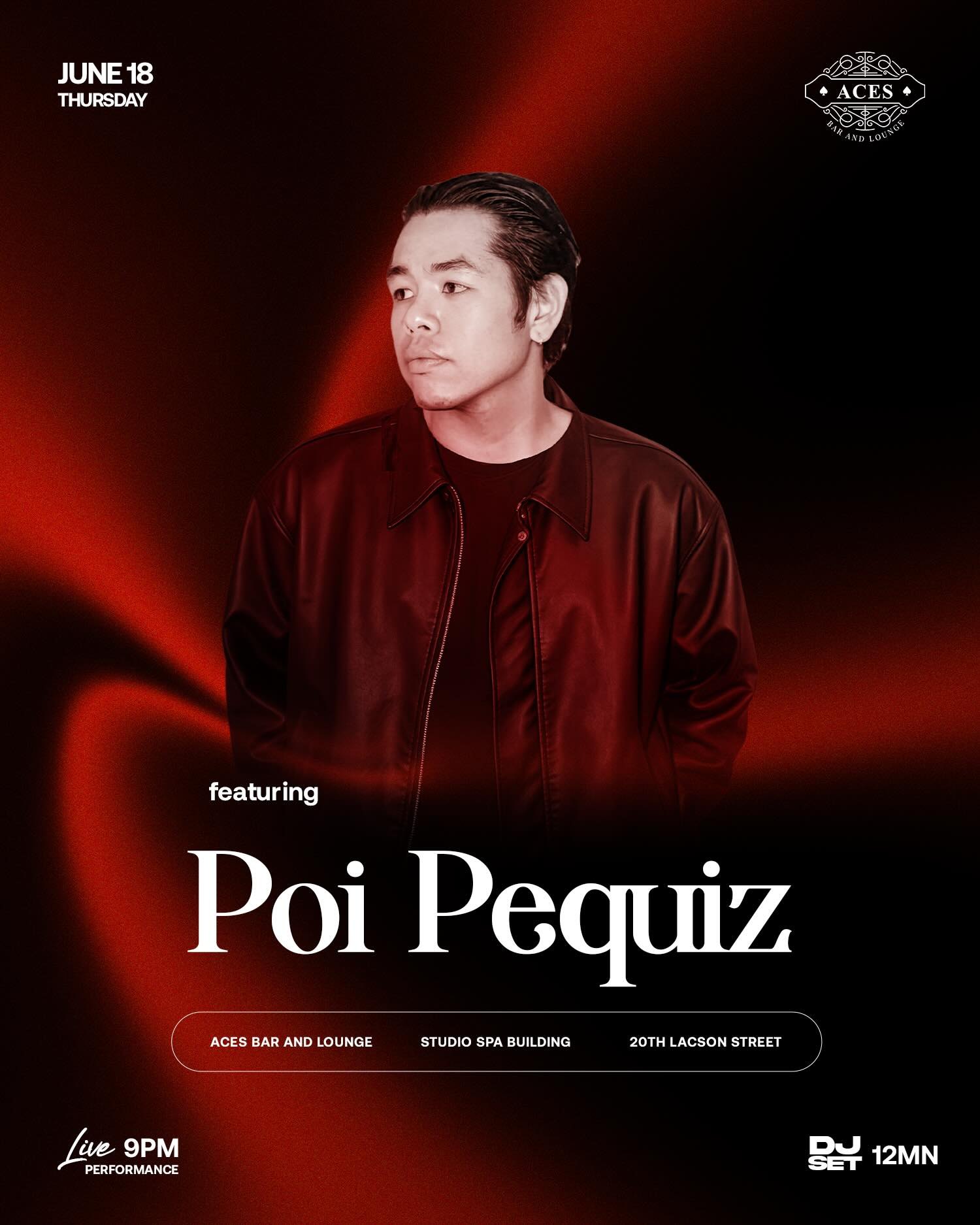 Bacolod Nightlife event featuring Poi Pequiz live at ACES Bar & Lounge with Happy Hour specials and late-night entertainment.
