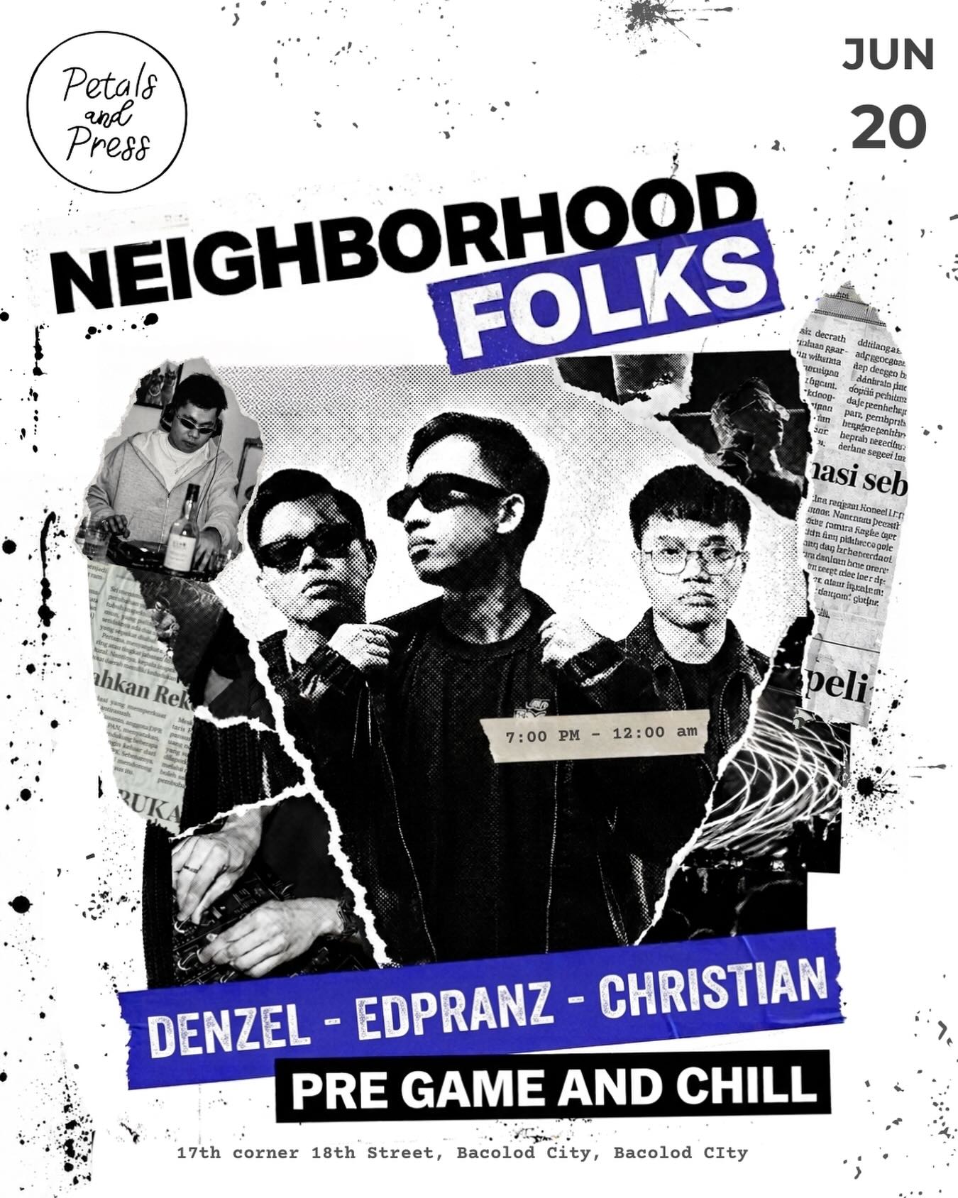 Neighborhood Folks featuring DJs Denzel, Edpranz, and Christian performing at Petals and Press in Bacolod City.