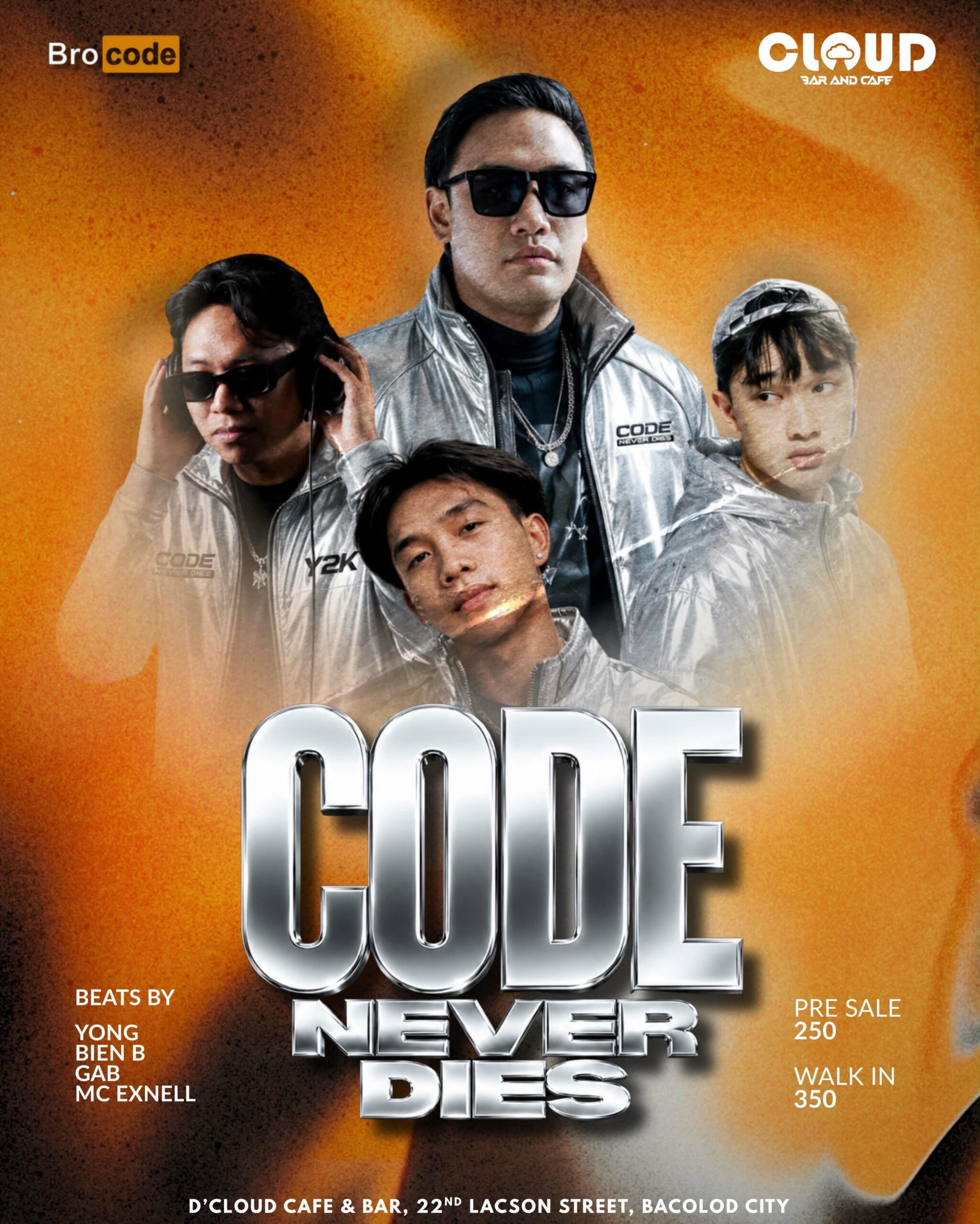 Code Never Dies Bacolod event poster at D’Cloud Cafe and Bar featuring Yong Bien B Gab and MC Exnell