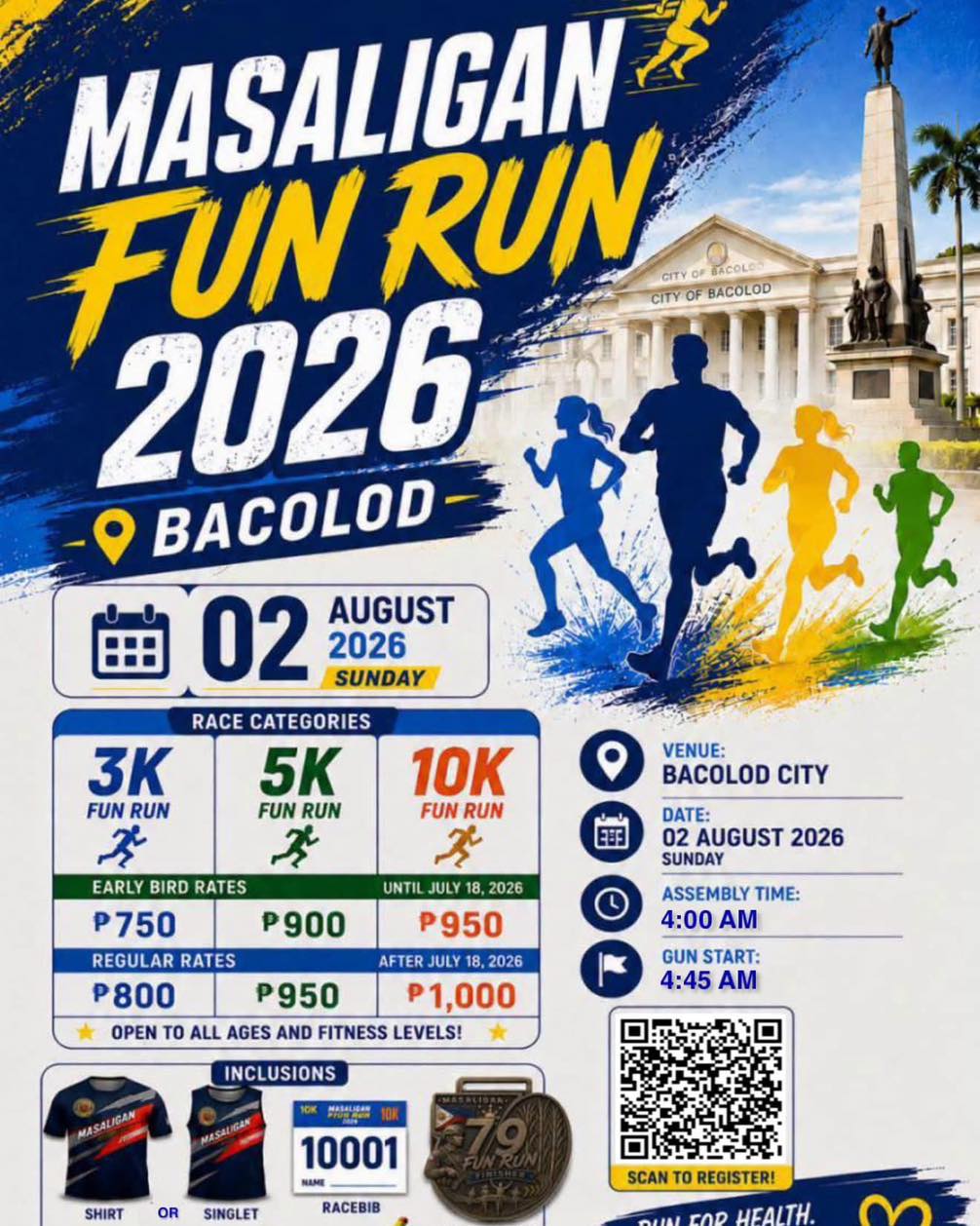 Masaligan Fun Run Bacolod 2026 at Bacolod City Government Center with 3K 5K and 10K race categories