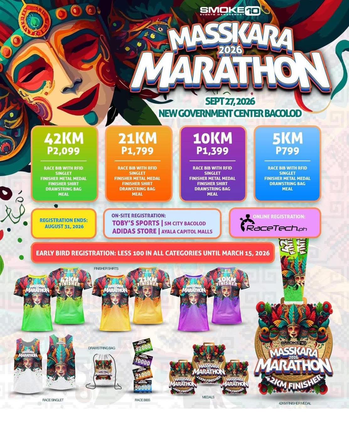 MassKara Marathon Bacolod 2026 at New Government Center with 5K 10K 21K and 42K race categories