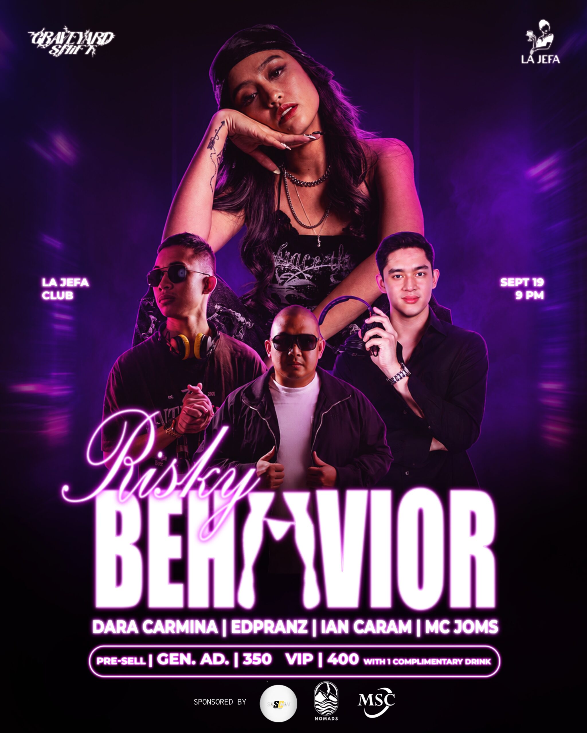Risky Behavior Bacolod event at La Jefa Club on September 19 2026 featuring Dara Carmina Edpranz Ian Caram and MC Joms