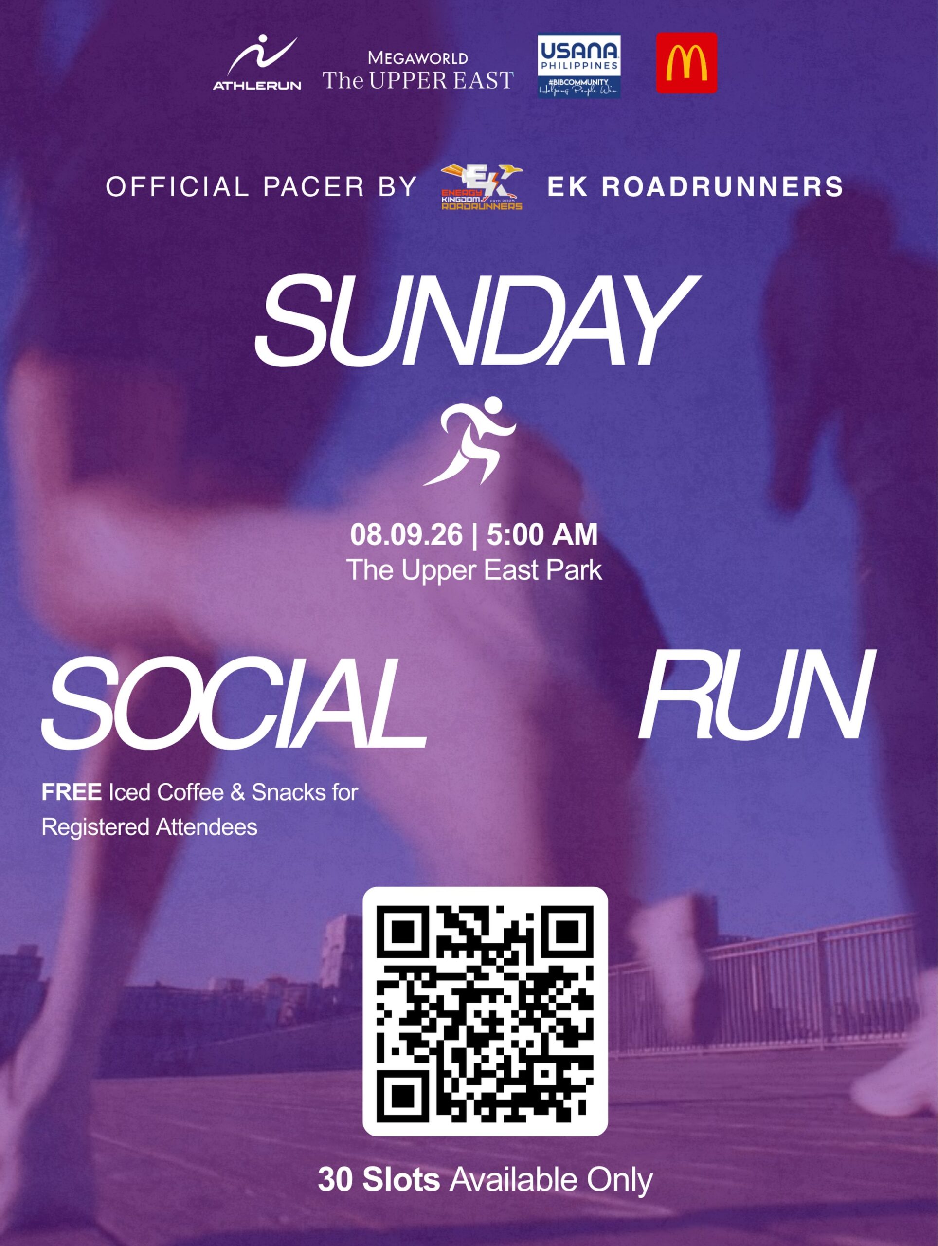 Sunday Social Run Bacolod at The Upper East Park on August 9 2026 with free iced coffee and snacks