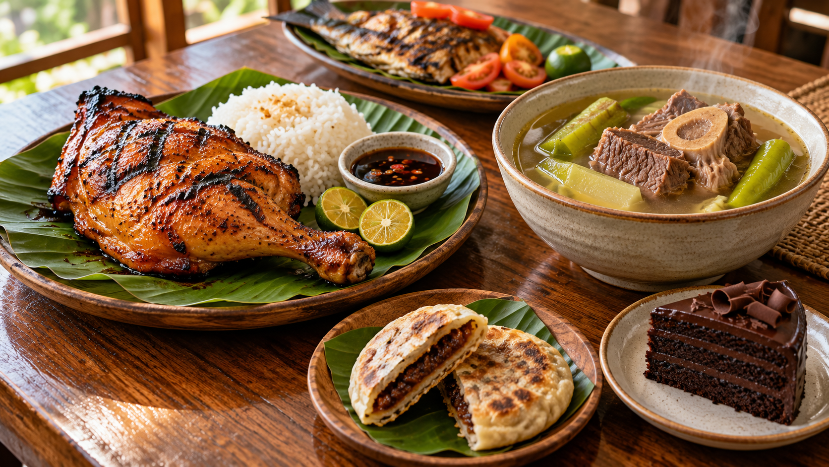 Illustrated spread of chicken inasal, cansi, grilled fish, piaya, and chocolate cake