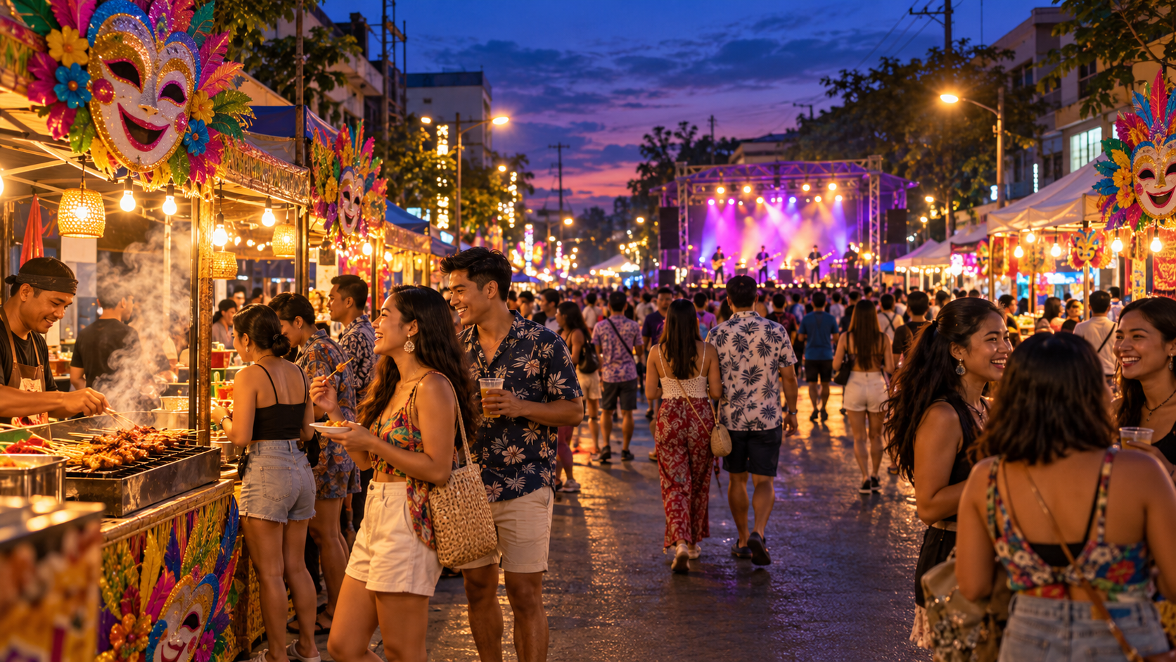 Illustration of a MassKara street party with food stalls and live music