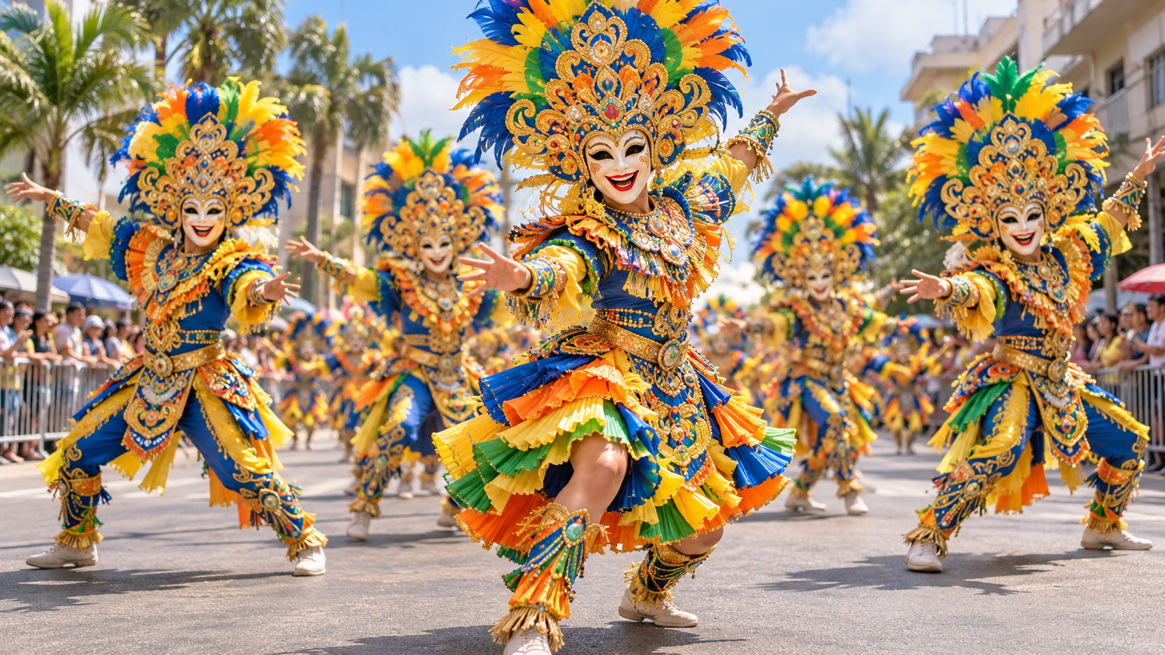 Illustrated MassKara dancers in colorful masks and coordinated costumes