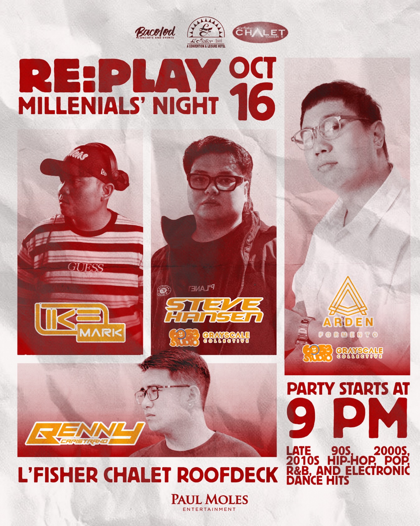 RE PLAY Millennials Night Bacolod at L’Fisher Chalet Roofdeck October 16 2026 featuring IKE Mark Steve Hansen Arden Formento and Benny Capistrano
