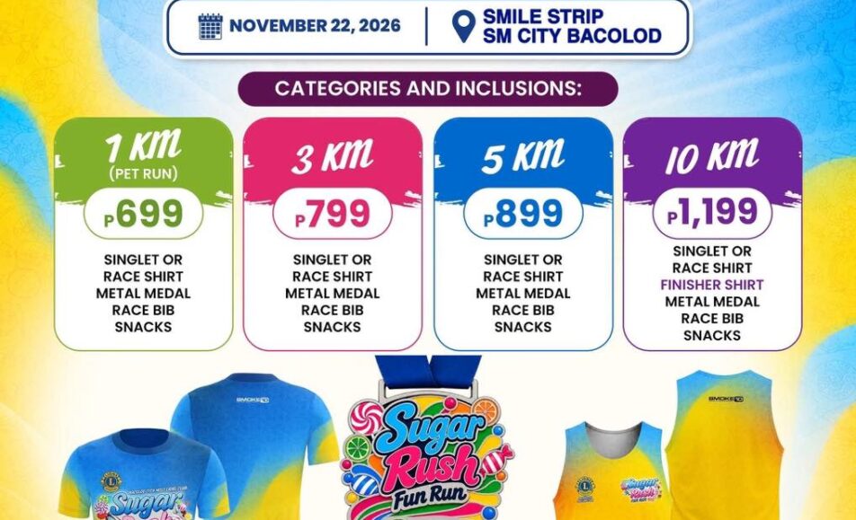 Sugar Rush Fun Run Bacolod 2026 on November 22 featuring 1K Pet Run 3K 5K and 10K categories