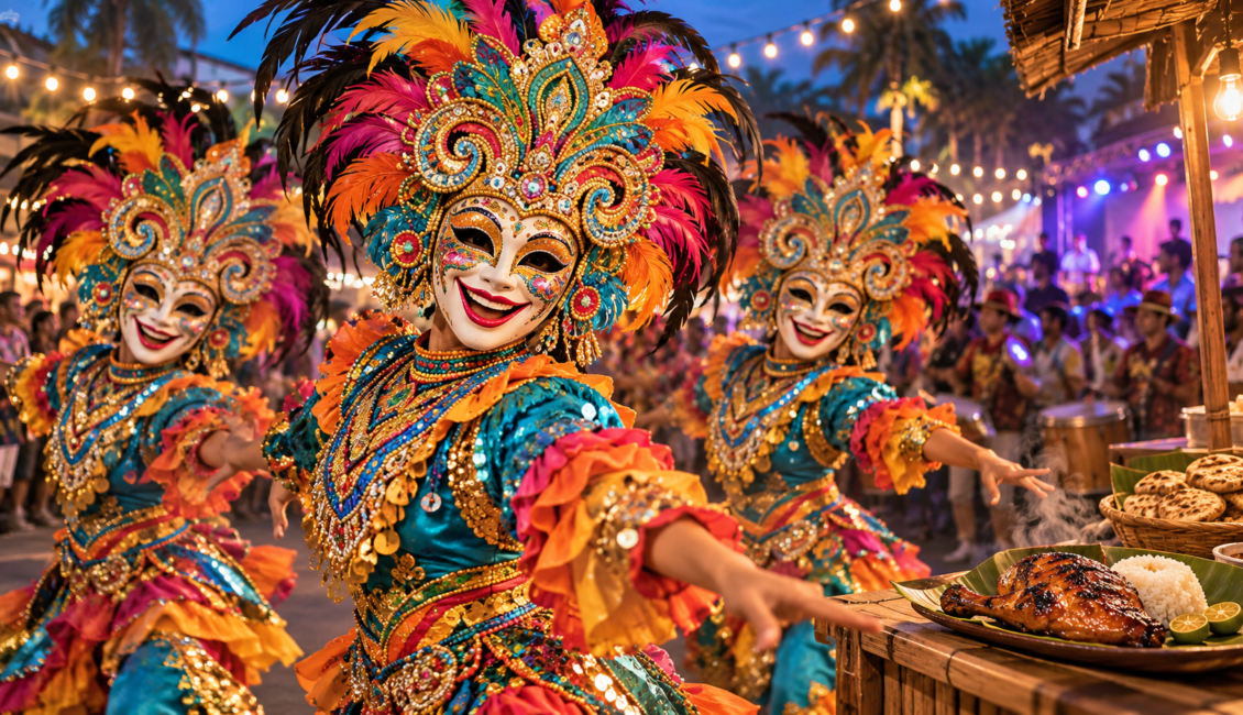 Illustrated MassKara dancers in colorful smiling masks beside chicken inasal at a Bacolod street celebration.