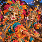 Illustrated MassKara dancers in colorful smiling masks beside chicken inasal at a Bacolod street celebration.