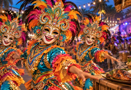 Illustrated MassKara dancers in colorful smiling masks beside chicken inasal at a Bacolod street celebration.