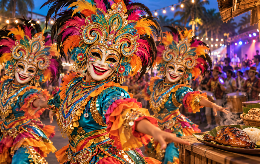 Illustrated MassKara dancers in colorful smiling masks beside chicken inasal at a Bacolod street celebration.