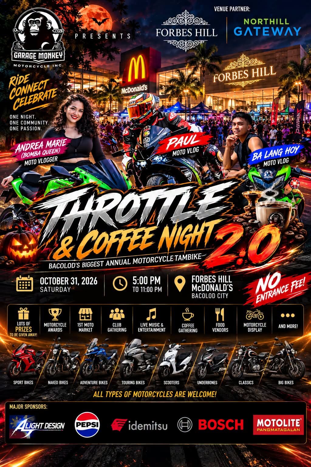 Throttle and Coffee Night 2.0 Bacolod motorcycle event at McDonald’s Forbes Hill October 31 2026
